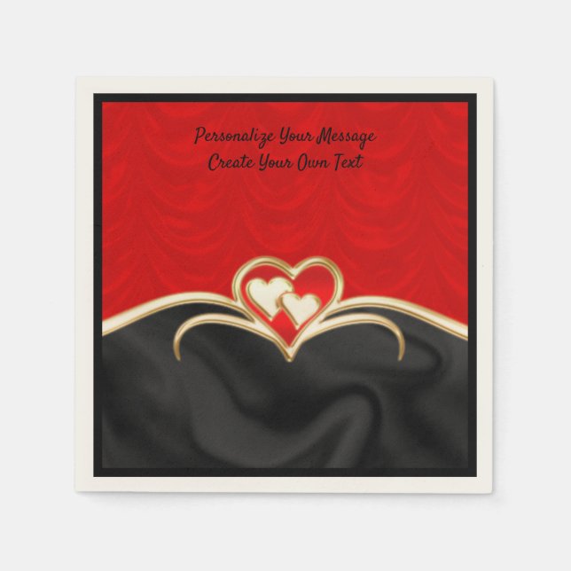 Elegant & Romantic Red Black Gold Hearts Napkin (Front)