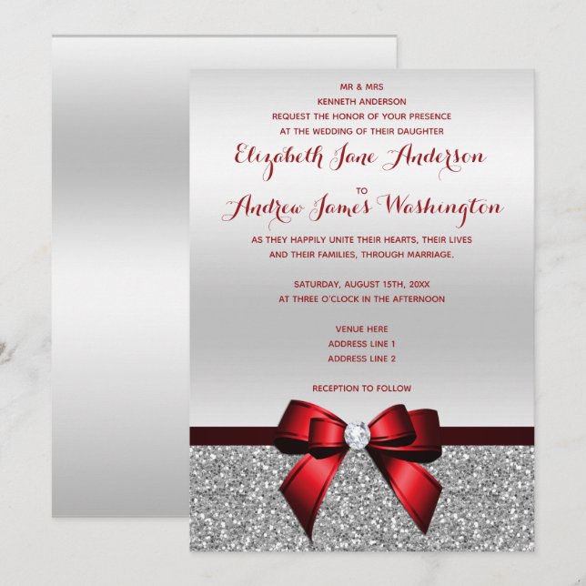 Elegant Romantic Red Bow & Silver Glitter Wedding Invitation (Front/Back)