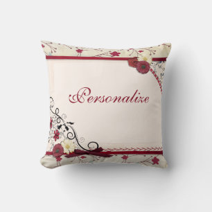 Elegant Romantic Red Floral Border Personalize Throw Pillow