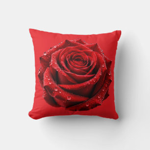 Elegant Romantic Red Rose Water Drops Throw Pillow