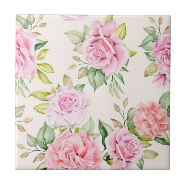 Elegant Romantic Rose Floral Pattern Tile (Front)
