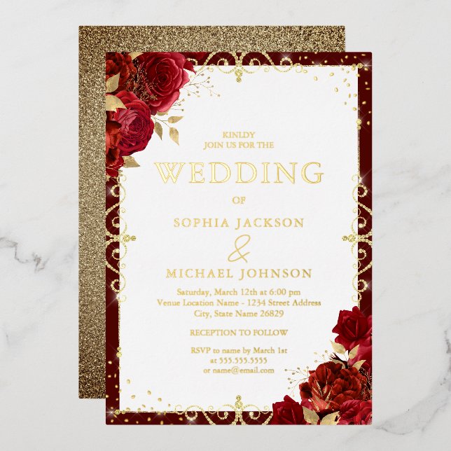 Elegant Romantic Royal Red Roses Wedding Gold (Front/Back)