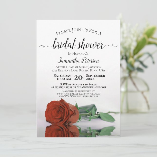 Elegant Romantic Rust Orange Rose Bridal Shower Invitation (Standing Front)