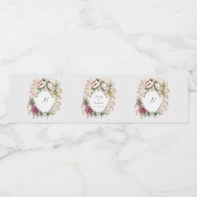 Elegant Romantic Rustic Floral Monogram Wedding Wa Water Bottle Label (Single Label)