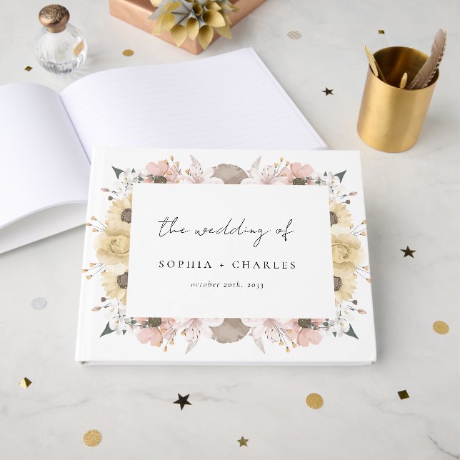 Elegant Romantic Rustic Floral Neutral Wedding Guest Book (Front Open)