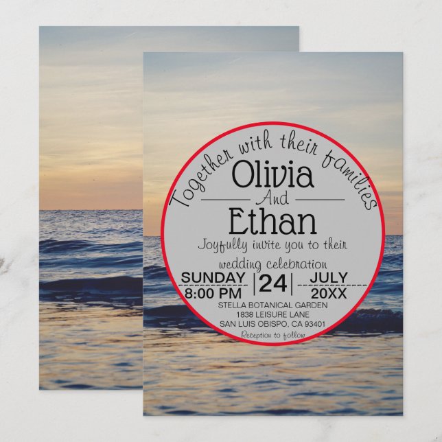 Elegant Romantic Sea Waves Sunset Beach Wedding Invitation (Front/Back)