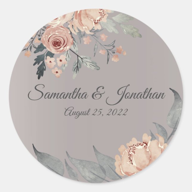 Elegant Romantic Silver Pink Floral Wedding Classic Round Sticker (Front)