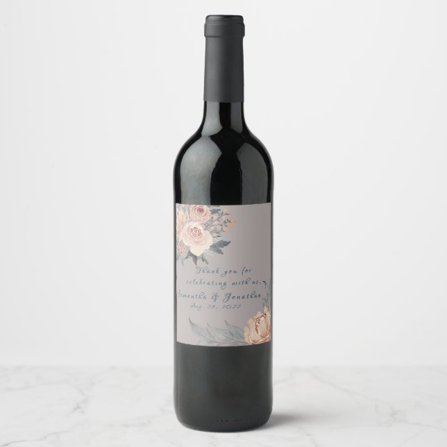 Elegant Romantic Silver Pink Floral Wedding Wine Label (Front)