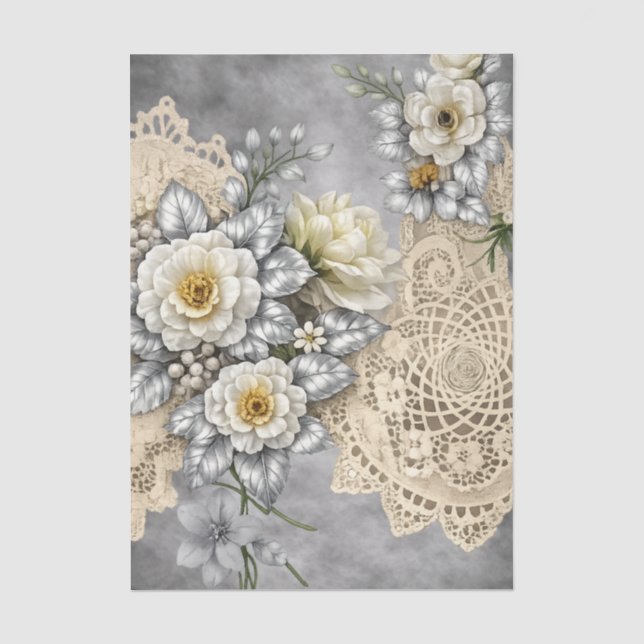 Elegant Romantic Silver & White Wedding Florals Tissue Paper (Front)