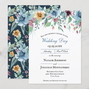 elegant romantic spring floral dusty blue wedding invitation