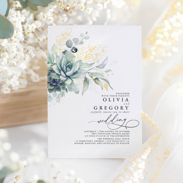 Elegant Romantic Succulents Gold Greenery Wedding (Succulents Greenery and Gold Foil Wedding Invitations)