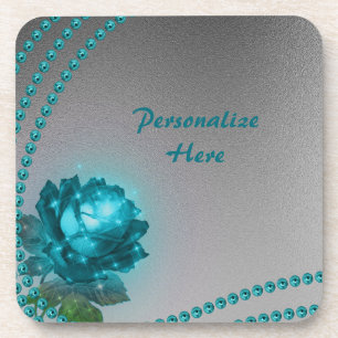 Elegant & Romantic Teal Pearls & Rose Personalized Coaster