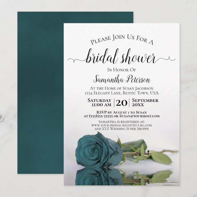 Elegant Romantic Teal Rose Bridal Shower Invitation (Front/Back)