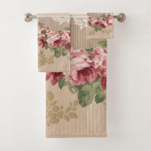 Elegant Romantic Victorian Pink Floral Bath Towel Set