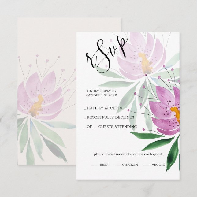 Elegant Romantic Violet Lotus Watercolor Art RSVP Card (Front/Back)