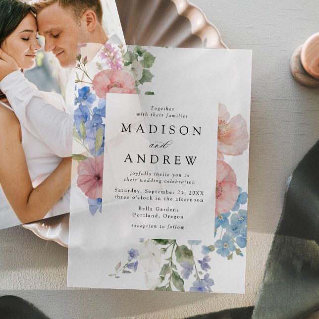 Elegant Romantic Watercolor Floral Frame Wedding Vellum Invitations (Creator Uploaded)