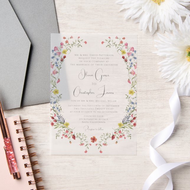 Elegant Romantic Watercolor Floral Wedding Vellum Invitations (Wedding)