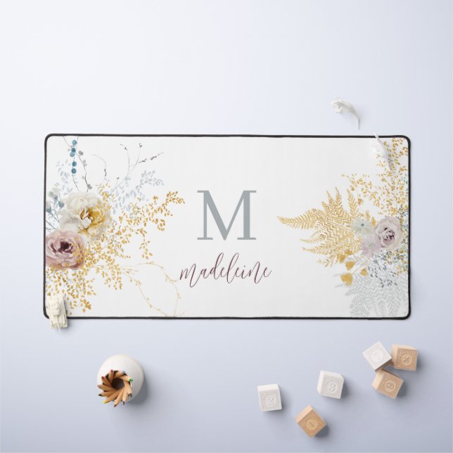 Elegant Romantic Watercolor Flowers Monogram Desk Mat (Kids Table)
