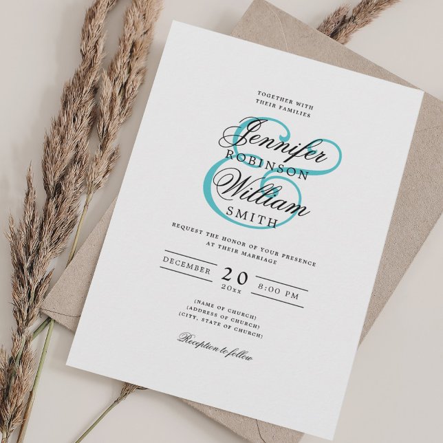 Elegant Romantic Wedding Classic Script Turquoise  Invitation (Elegant Romantic Wedding Classic Script Turquoise Invitation)