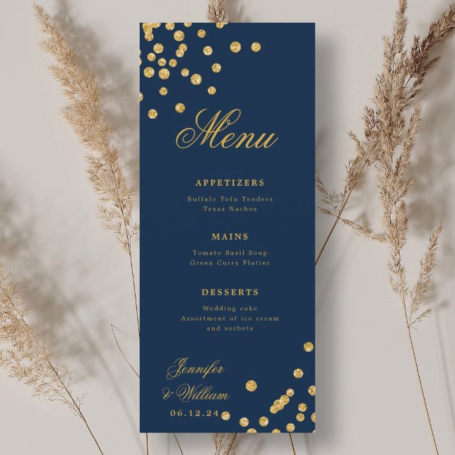 Elegant Romantic Wedding Confetti Gold Navy Blue  Menu (Elegant Romantic Wedding Confetti Gold Navy Blue Menu)