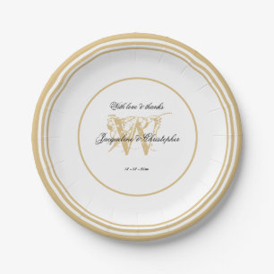 Elegant Romantic White Gold Wedding Chic Monogram  Paper Plate