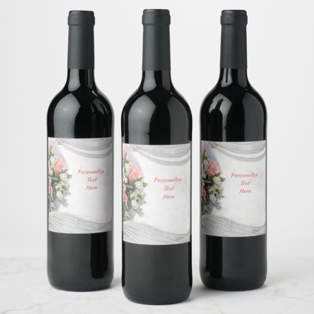 Elegant & Romantic White Pearls Pink Roses Wine Label (Bottles)