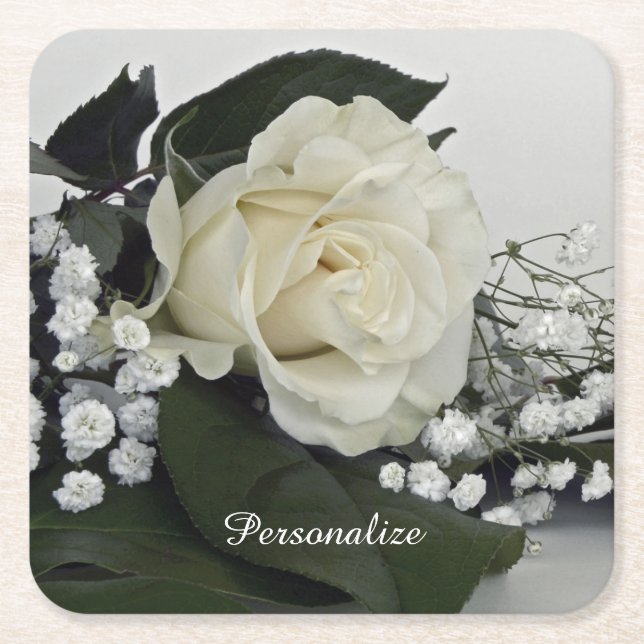 Elegant & Romantic White Rose Personalize Square Paper Coaster (Front)