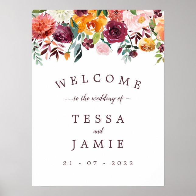 Élégant Romantique Automne Floral Poster Mariage (Devant)