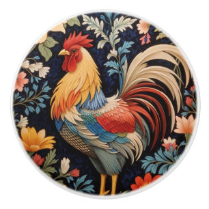 Elegant Rooster on Colourful Floral Background Ceramic Knob
