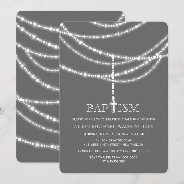 Elegant Rosary Cross Sparkles Baptism Religious Invitation (Front/Back)