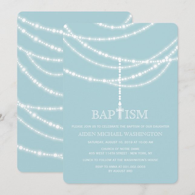 Elegant Rosary Cross Sparkles Baptism Religious Invitation (Front/Back)
