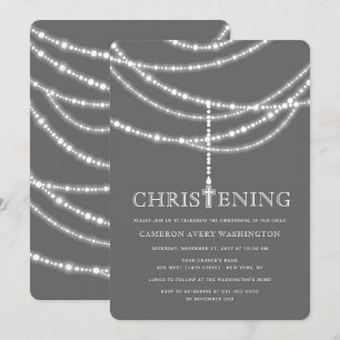 Elegant Rosary Cross Sparkles Christening Invite