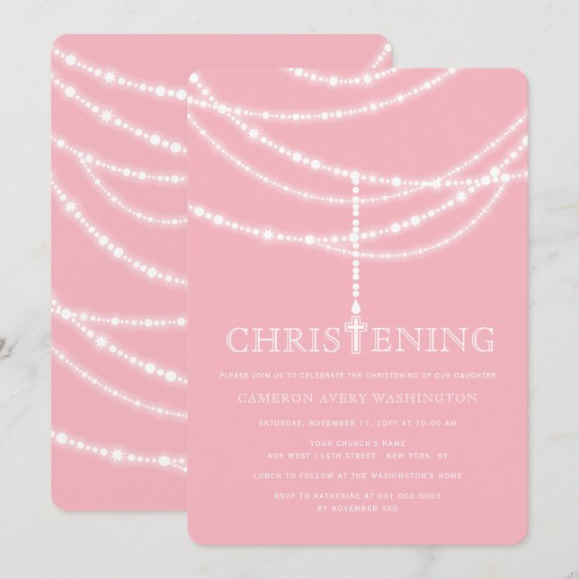 Elegant Rosary Cross Sparkles Christening Invite (Front/Back)