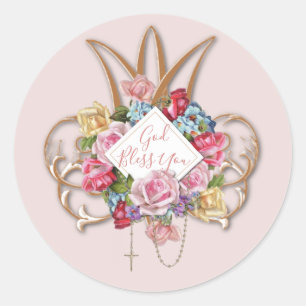Elegant Rosary Vintage Roses Floral God Bless Classic Round Sticker