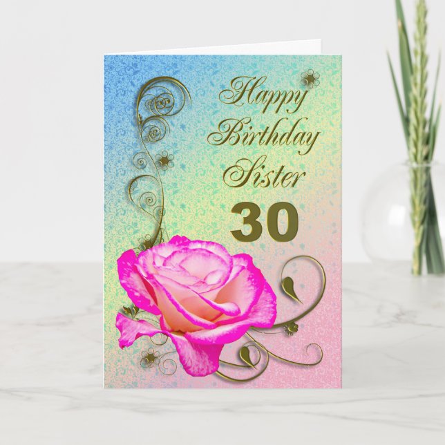 Elegant rose 30th birthday card for Sister (Front)