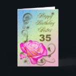 Elegant rose 35th birthday card for Sister<br><div class="desc">An elegant pink rose on a golden scroll work background. A beautiful card that will be sure to please your sister on her 35th birthday.</div>