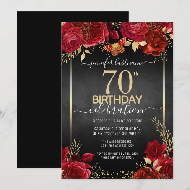 Elégant Rose 70e anniversaire Invitation (Devant / Derrière)