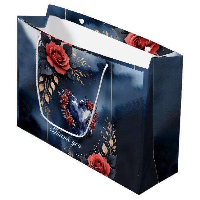 Elegant rose arrangement with golden foliage  large gift bag (Front Angled)