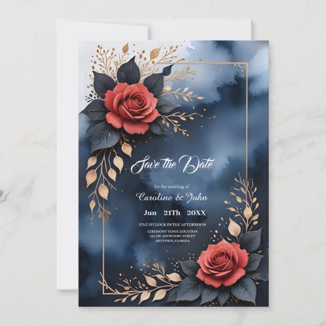 Elegant rose arrangement with golden foliage save the date (Front)