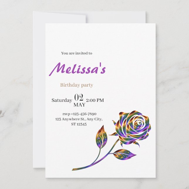 Elegant Rose Birthday Invitation  (Front)