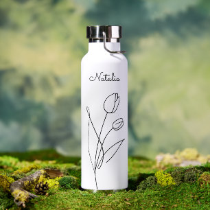 Elegant Rose Black White Trendy Floral Custom Name Water Bottle