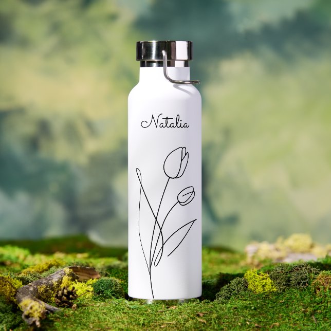 Elegant Rose Black White Trendy Floral Custom Name Water Bottle (Outdoor)