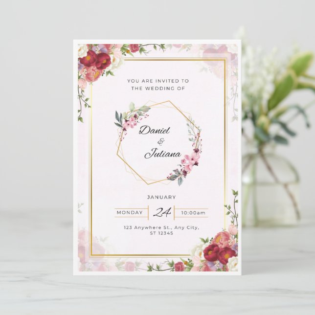 Elégant rose & blanc Faire-part de mariage moderne (Debout devant)