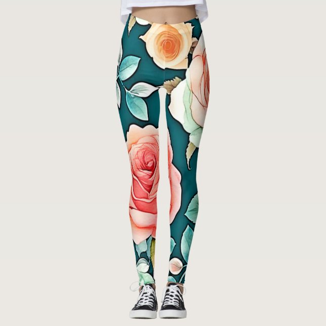 Elegant Rose Bloom Design Leggings (Front)