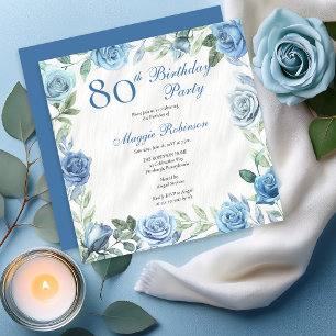 Elegant Rose Blue Floral Frame 80th Birthday Party Invitation