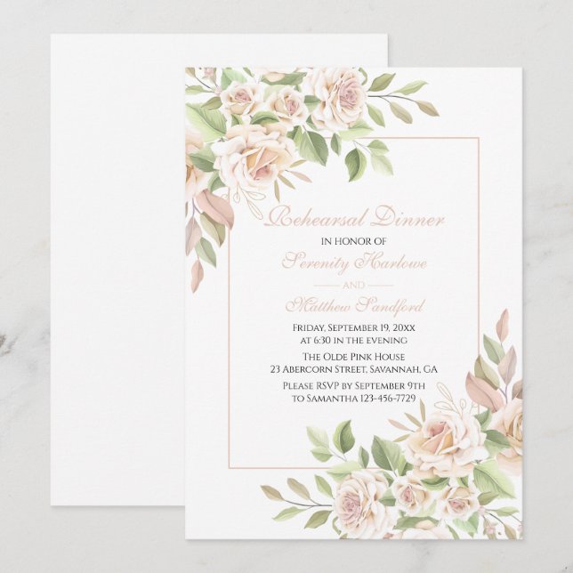Elegant Rose Blush Pink Floral Rehearsal Dinner  Invitation (Front/Back)