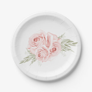 Elegant Rose Blush Pink Floral Wedding Party Paper Plate