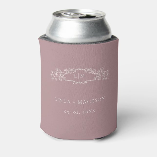 Elegant rose botanical crest monogram wedding can cooler (Can Back)