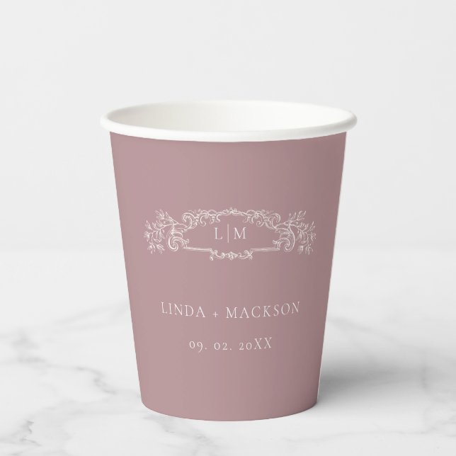 Elegant rose botanical crest monogram wedding paper cups (Back)