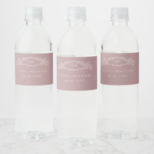 Elegant rose botanical crest monogram wedding water bottle label